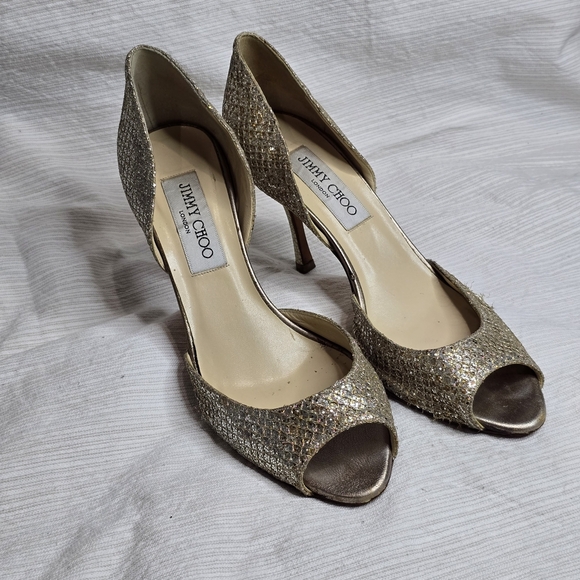 Jimmy Choo Glittering Gold Peep-Toe Heels - Picture 2 of 6